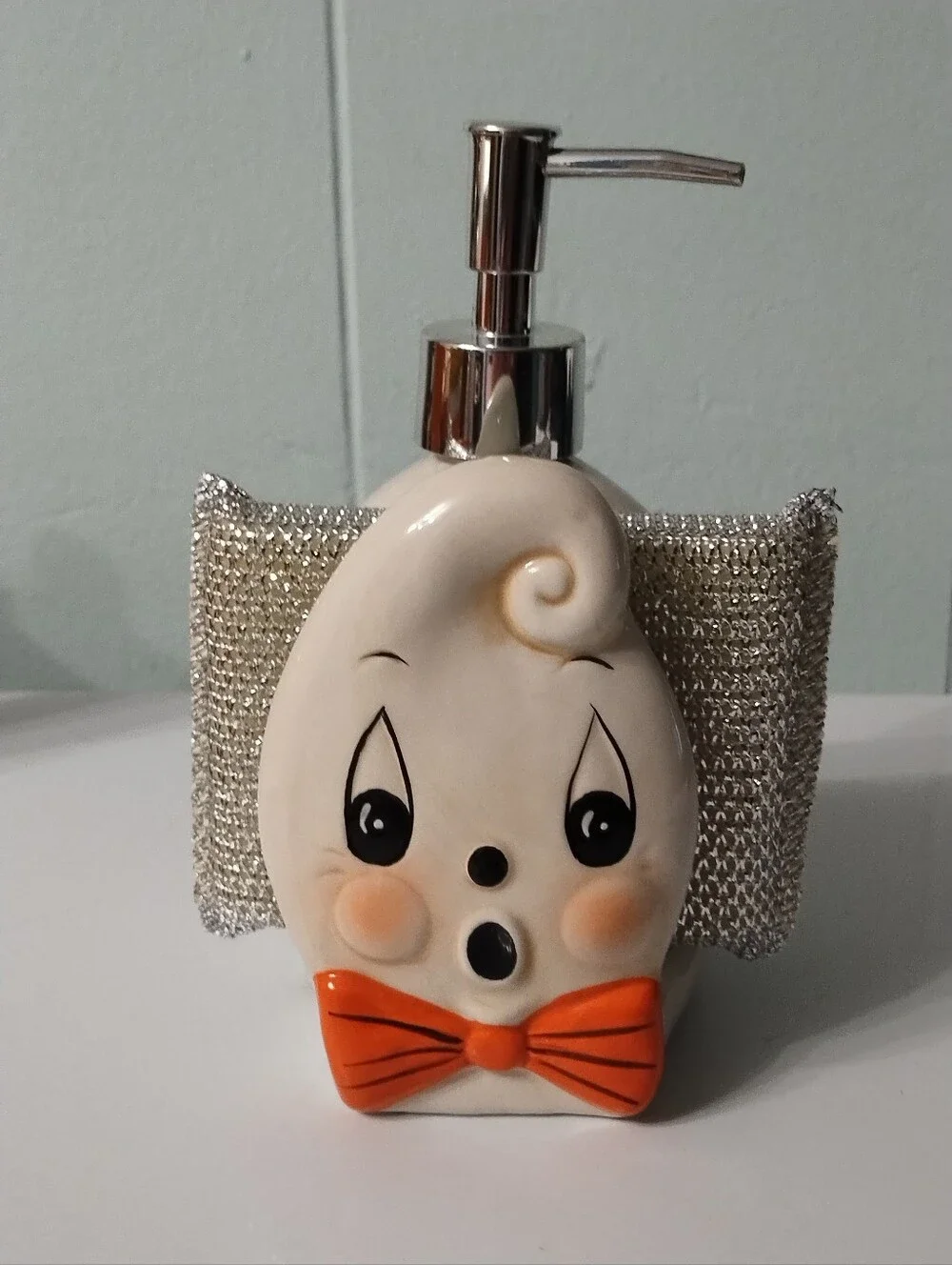 New Johanna Parker Spooky Ceramic Soap Dispenser - White with Orange Bow